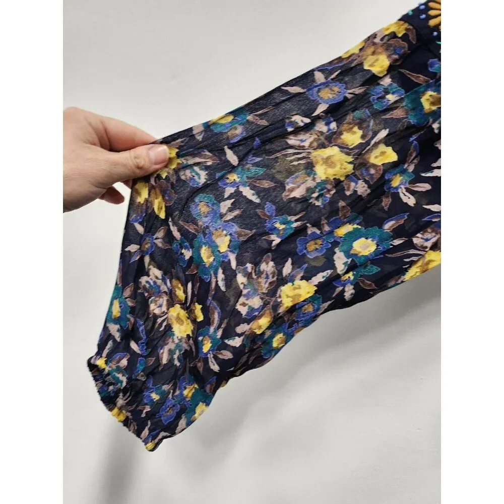 Meadow Rue by Anthropologie‎ Womens Peasant Top Medium Blue Floral Embroidered